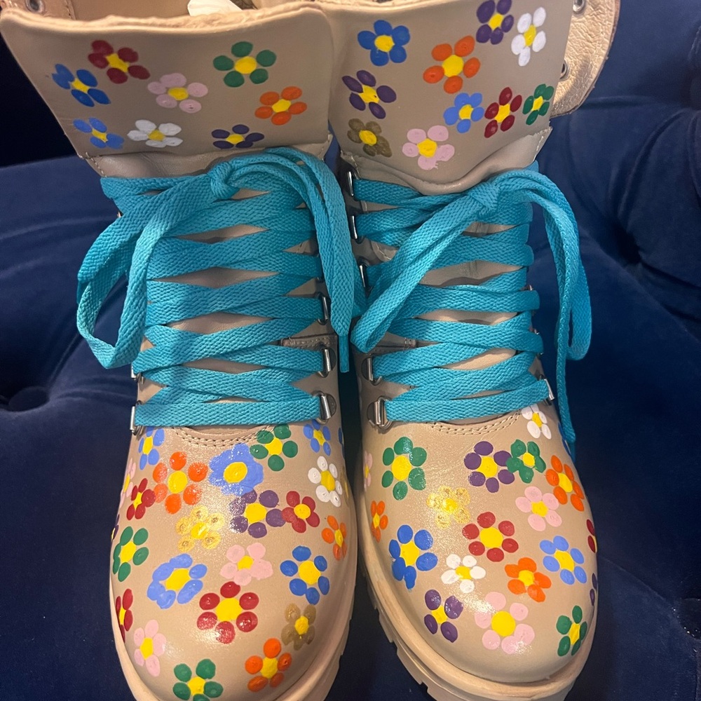 Handpainted One of a Kind Floral Leather Boots - Picture 2 of 6